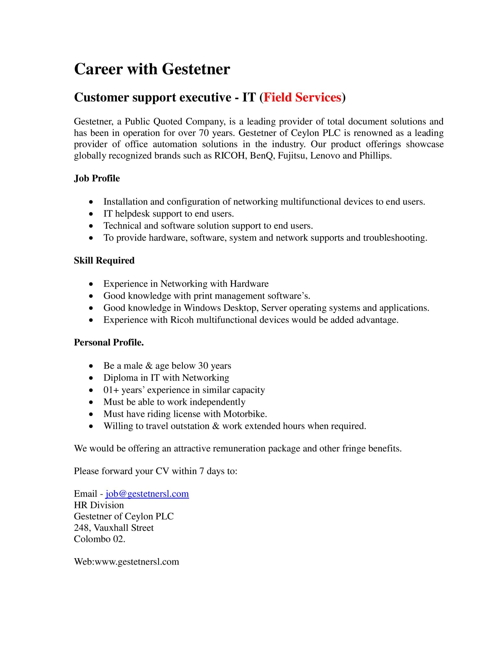 Customer support executive – IT (Field Services)